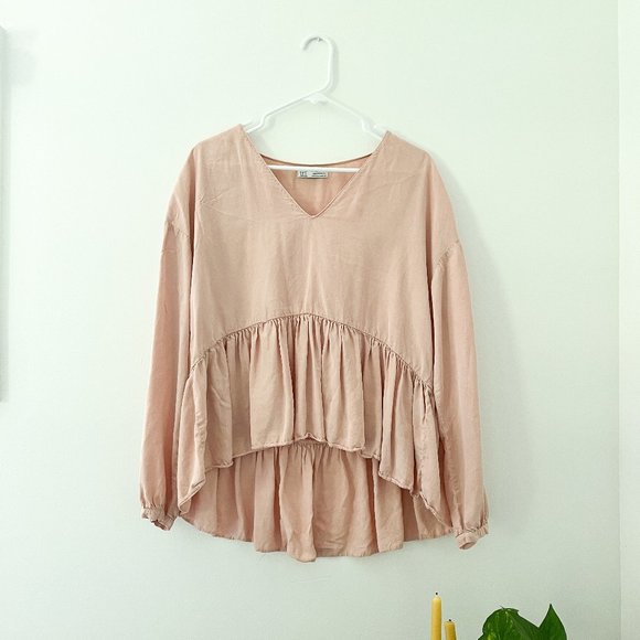 Zara TRF Collection Blush Pink Peplum Style Long Sleeve Top Size Medium - Picture 1 of 4